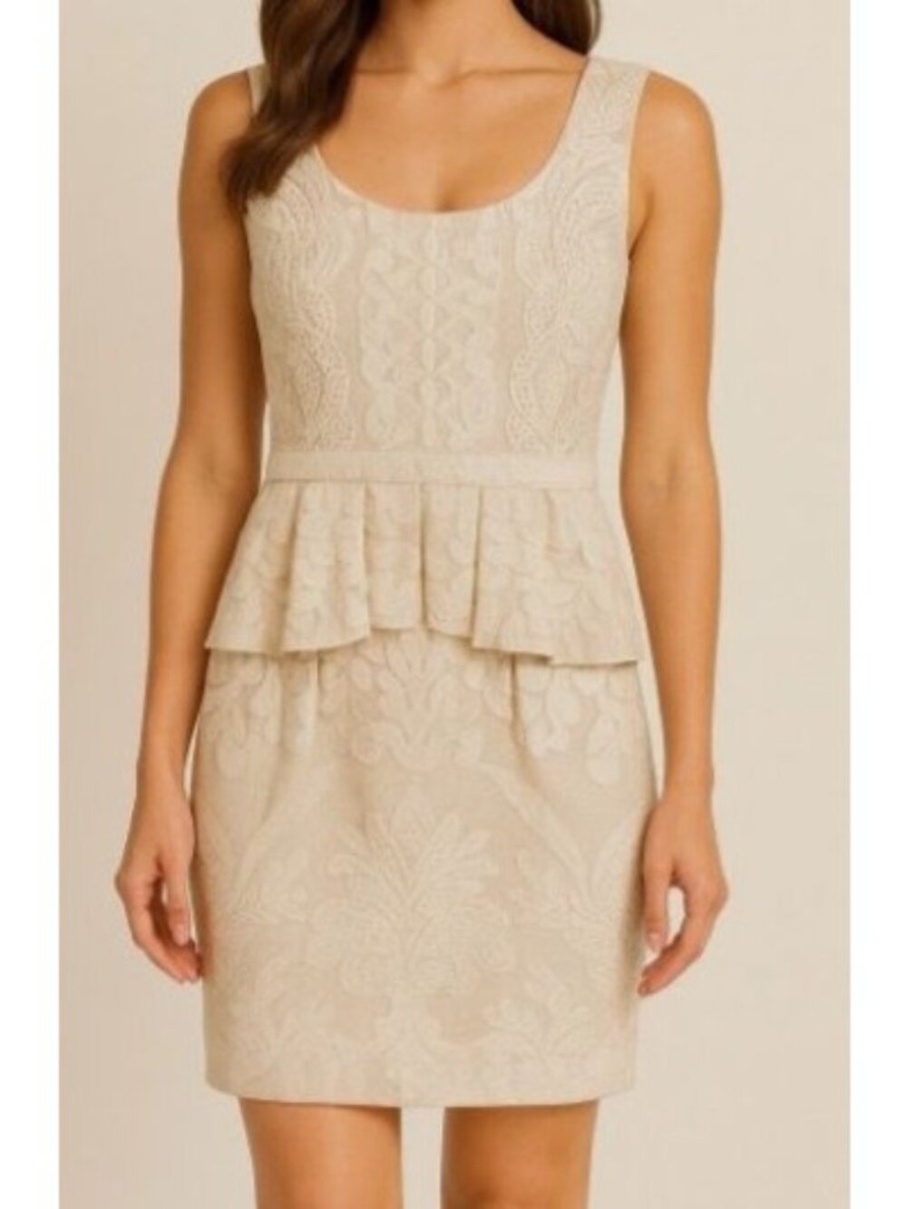 BCBGMaxAzria Beige Lace Peplum Sheath Dress